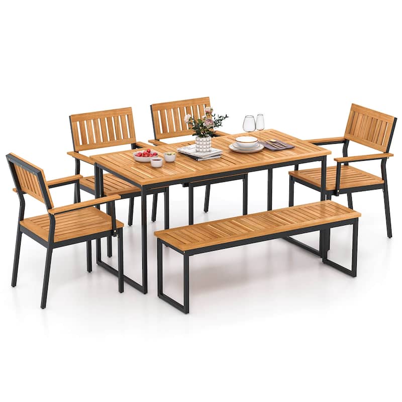 Costway 6 PCS Outdoor Acacia Wood Dining Set with Bench 2" Umbrella - 6 PCS