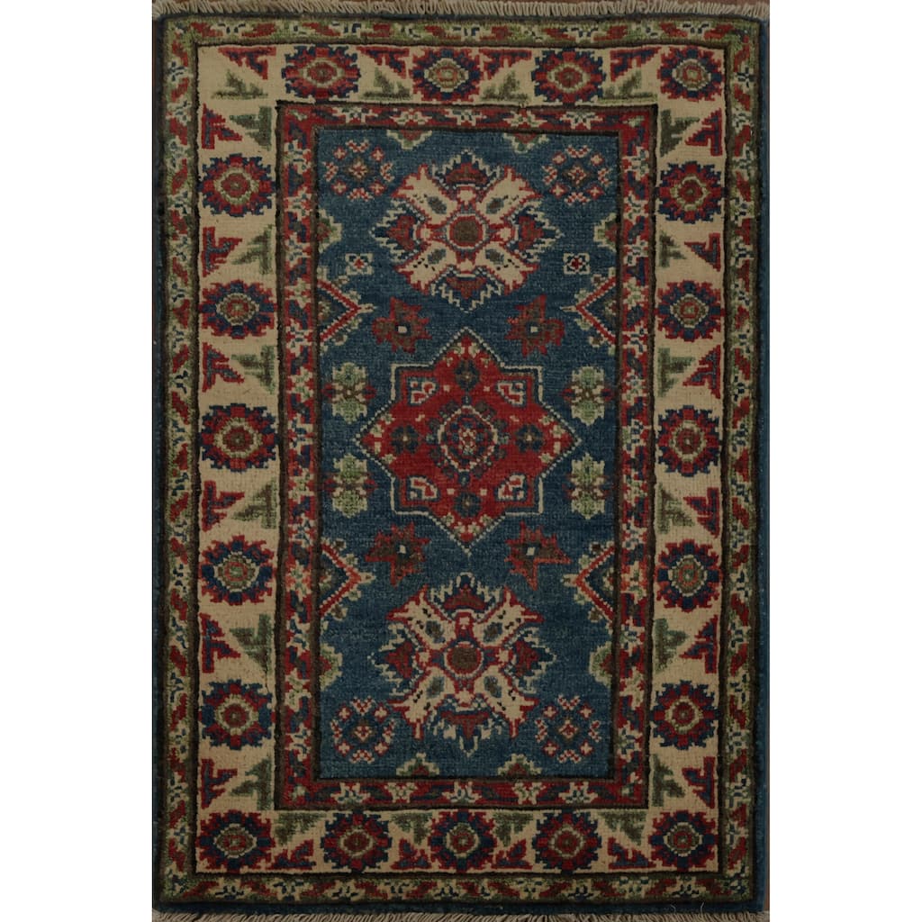 Hand Knotted Oriental 100% Wool Carpet Traditional Geometric Navy Blue & Blues Kazak Area Rug - 3' 0'' X 2' 0''