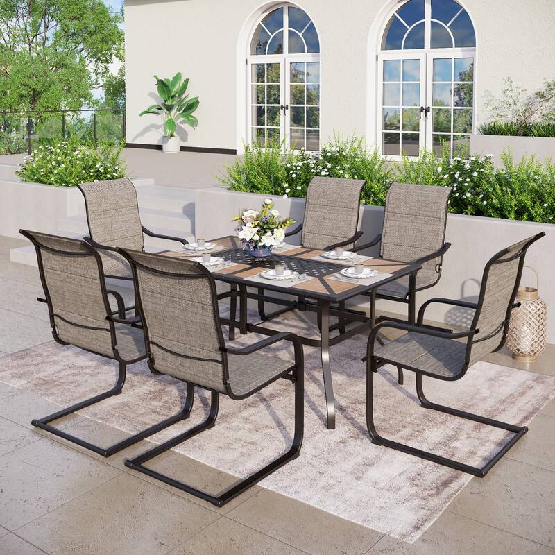 MAISON ARTS Patio Dining Set , 4/6 Textilene Rocking Chairs and 1 Wood-like Table with Umbrella Hole - 37"(L) x 37"(W) x 28"(H)