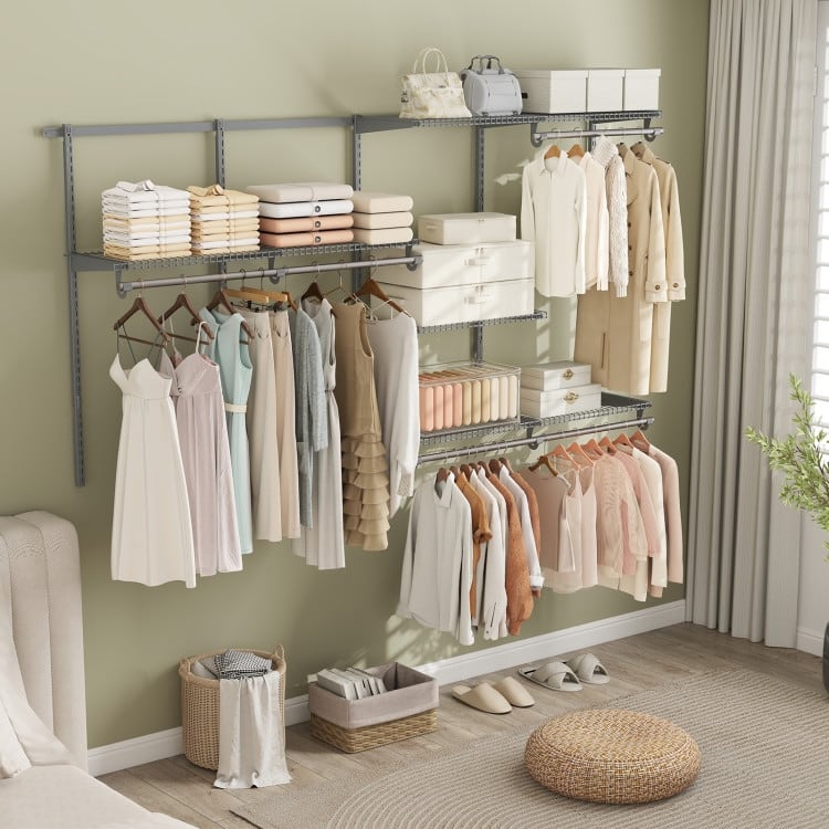 Metal and PP Adjustable Closet Organizer with Shelves and Rods - 96" L x 47.5" H