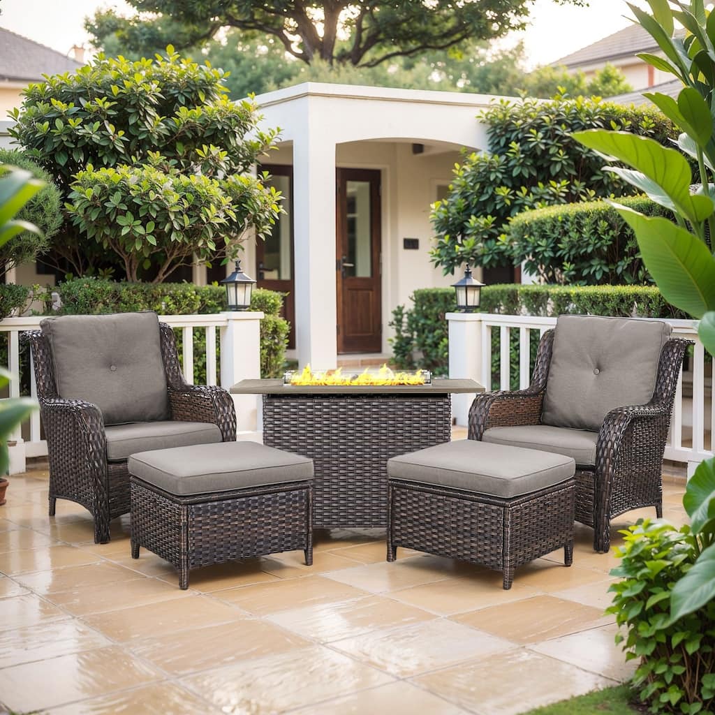 Fire Pit Table with Patio Chairs Ottomans Brown-Grey - Brown