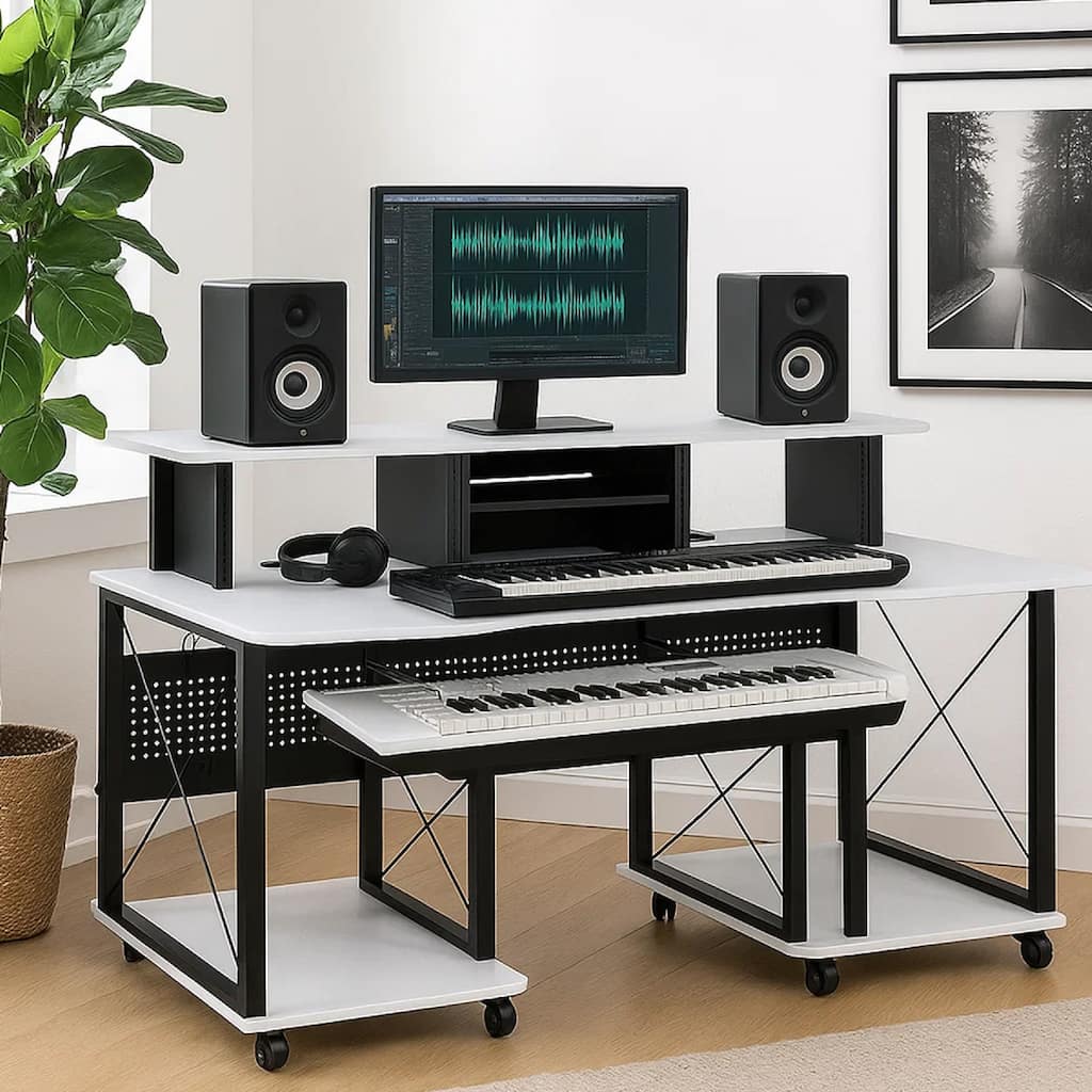 72 Inch Music Desk Workstation, Crossed Metal Panels, Keyboard Tray, White