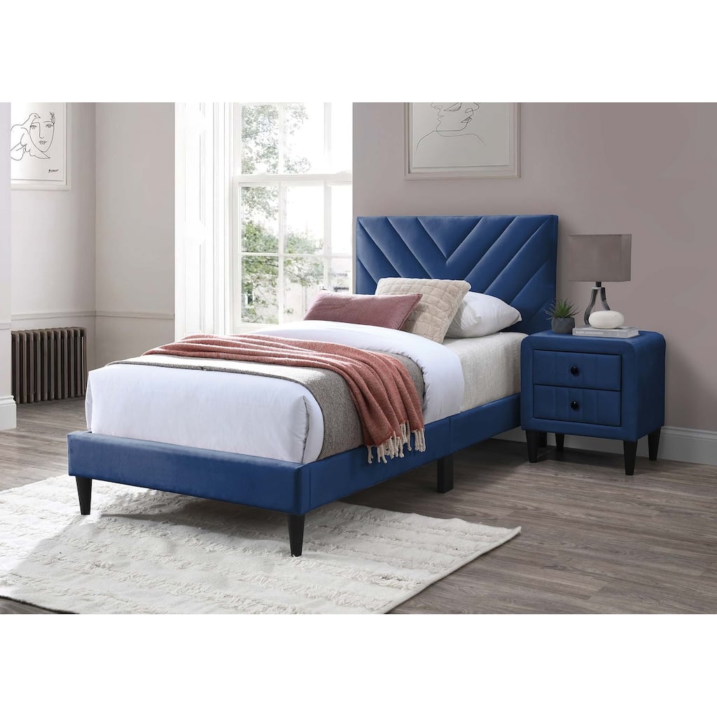 Twin Velvet Bed with Adjustable Headboard, V-Stitching Design, 12-Slat Support System, No Box Spring Needed