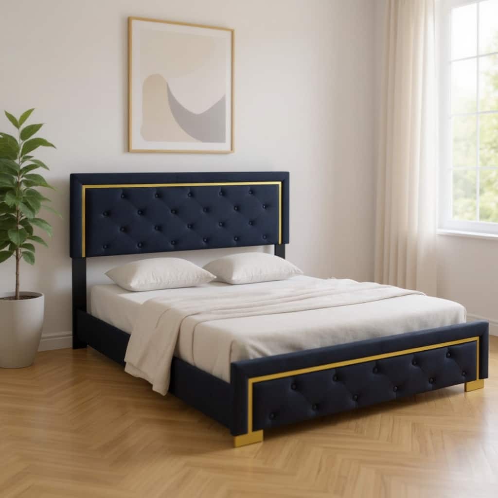 HomeRoots Black Tufted Velvet Upholstered Queen Bed Frame