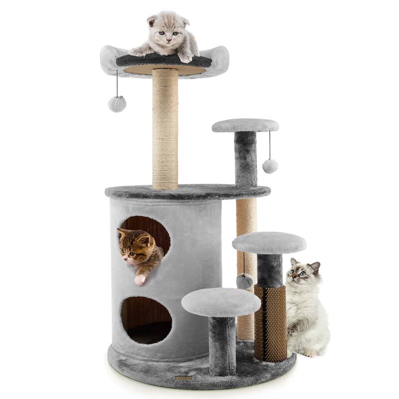 40'' Cat Tree Tower Multi-Level Activity Tree w/ 2-Tier Cat-Hole Condo - Grey