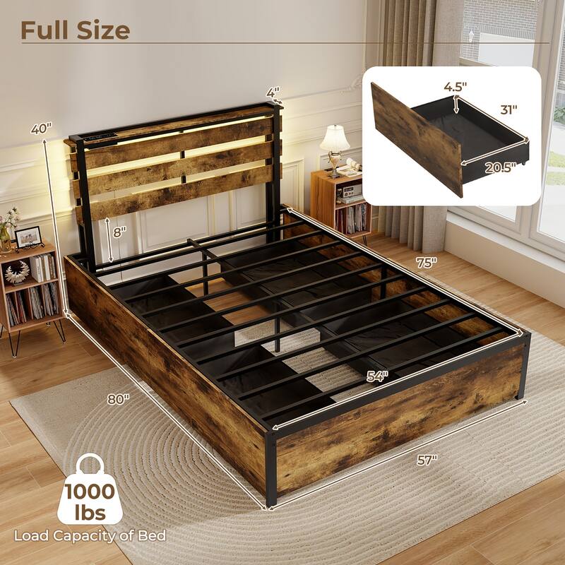 Gymax Full Size Bed Frame w/ Drawers LED Lights Outlets & USB Ports