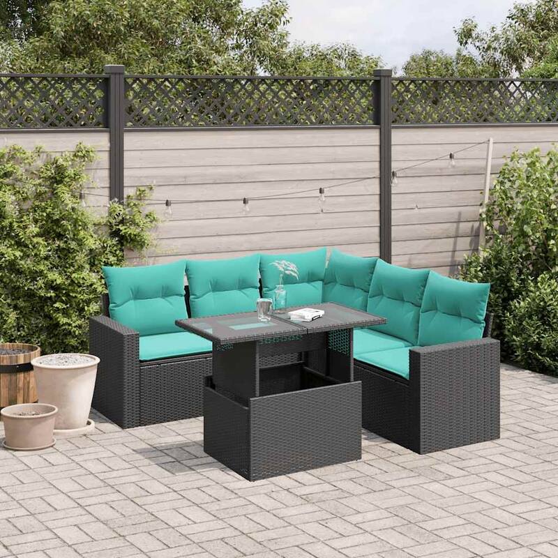 vidaXL 6 Piece Patio Sofa Set with Cushions Black/Brown/Gray Poly Rattan - 24.4 x 24.4 x 27.2 - Black