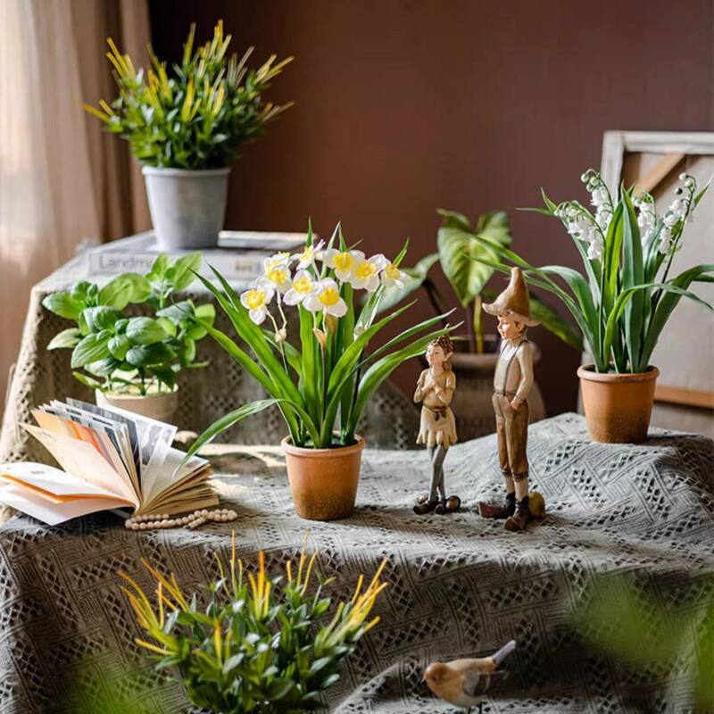 RusticReach Faux Daffodil in Brown Pot - White