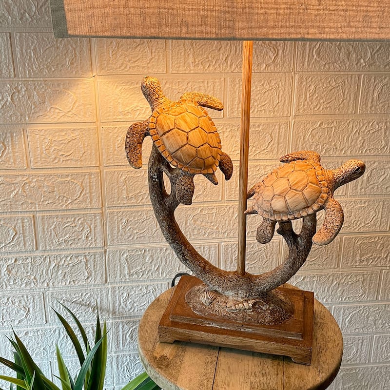 Set Of 2 Double Sea Turtle Table Lamps Coastal Nautical Resin 27.75" W/Shades - 27.75 X 15 X 9 inches