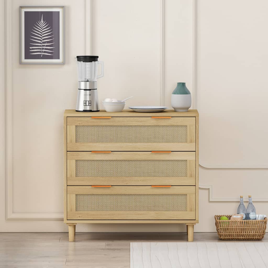 Anmytek Mid Century Modern Oak Wood Storage Cabinet with 3 Rattan Drawers for Bedroom and Living Room