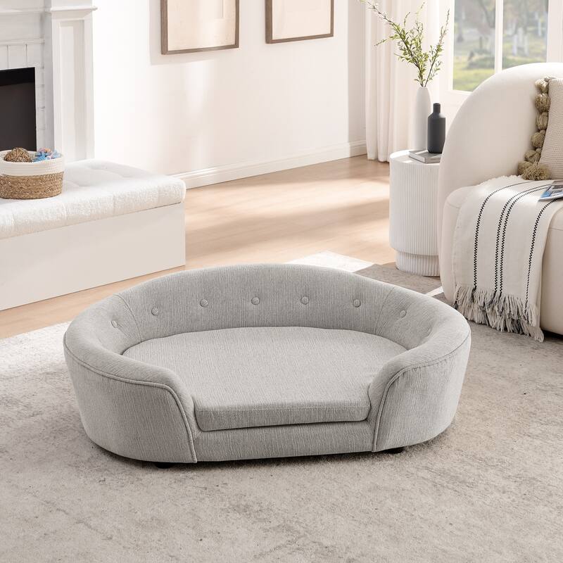 Oval Semi-Enclosed Dog Sofa, Durable Linen Material, Button-Tufted Backrest, High-Center Low-Sides Support Plush Comfort-Beige