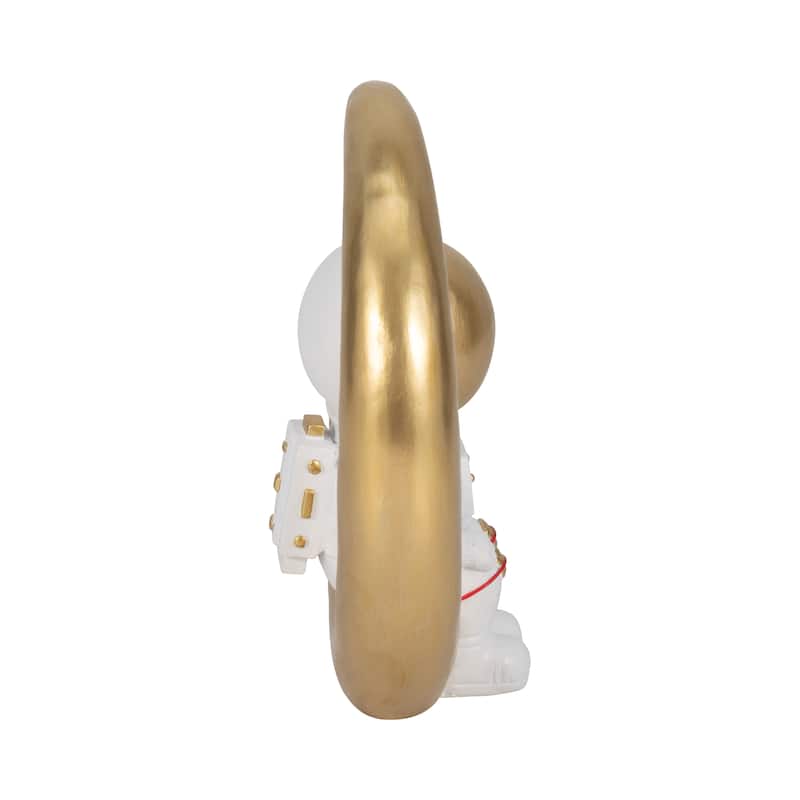 Sagebrook Home Polyresin 7" Space Man on Crescent Moon Figurine in White and Gold - 7" x 3" x 7"