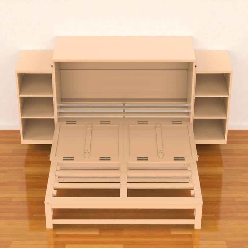 Full/Queen Size Murphy Bed with Storage Drawers and Shelves, Space-Saving Foldable Wall Bed for Guest Room