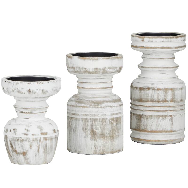 Brown Wood Pillar Candle Holder with White Wash Finish (Set of 3)