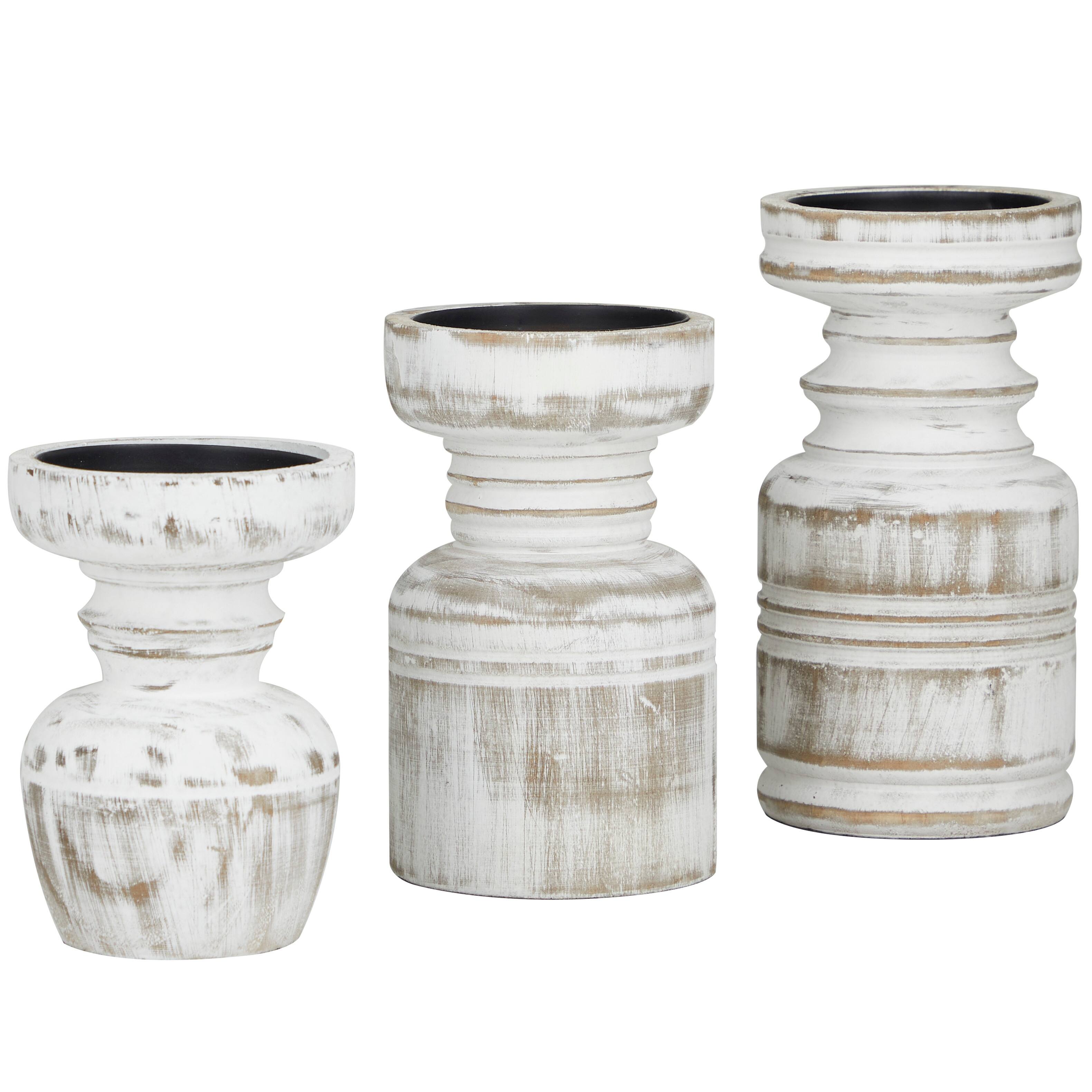Brown Wood Pillar Candle Holder with White Wash Finish (Set of 3) On Sale Bed Bath & Beyond
