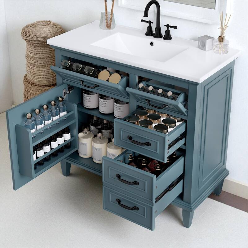 36" Bathroom Vanity with Ceramic Sink, Solid Wood Frame, 4 Drawers and Adjustable Shelf, Freestanding Cabinet