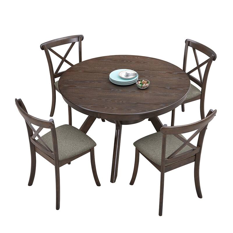 47.24''Round Rubber Wood Dining Table for 4-6 with Wooden Trestle Pedestal Base,Modern Kitchen Wooden Table Dinner Table