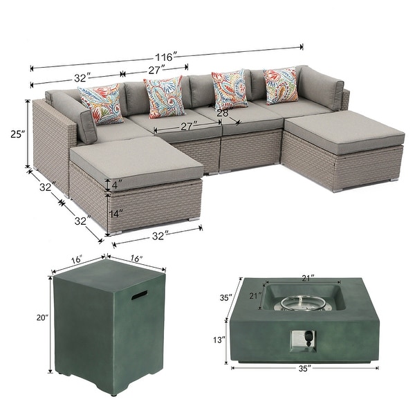 COSIEST 8-Piece Outdoor Furniture Sofa with Green Fire Pit Set
