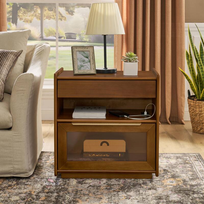 Mid Century Modern Nightstand with Charging Station & Outlet Hole & 2 Drawers - Dark Walnut