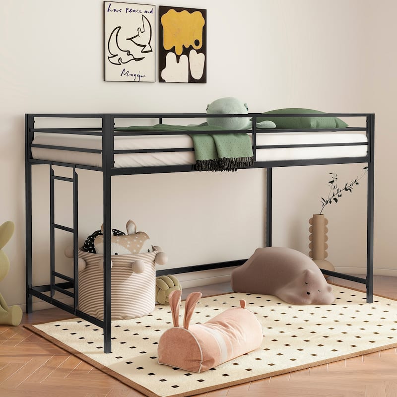 Space-Saving Junior Twin Loft Bed with Ladder & Guardrails for Kids - Black Metal Frame, No Box Spring Needed
