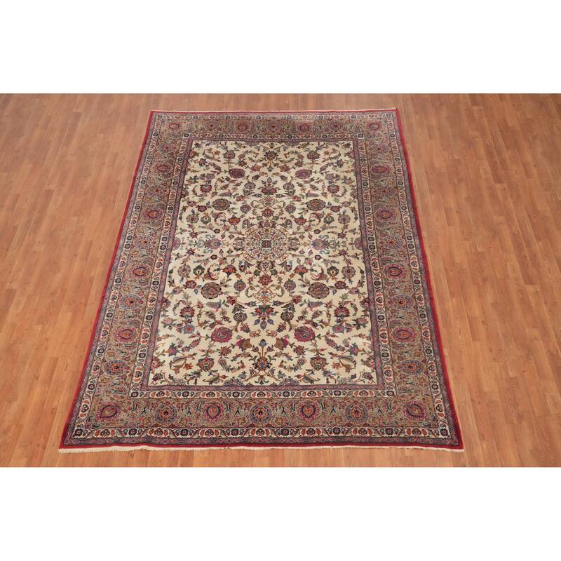 Hand Knotted Oriental 100% Wool Carpet Traditional Floral Beige & Ivories Tabriz Area Rug - 10' 4'' X 7' 4''