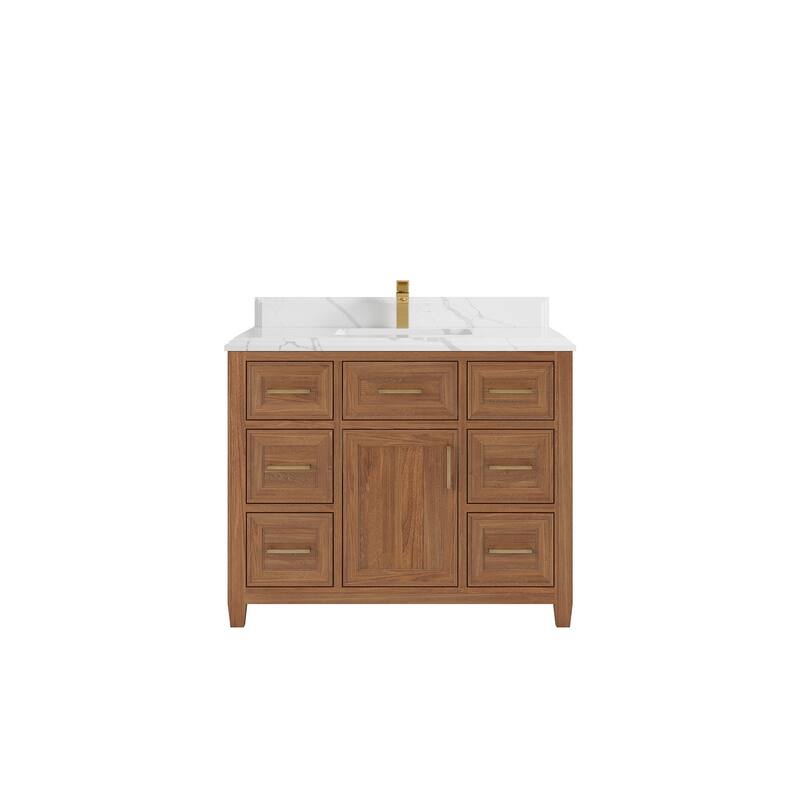 Willow Collections 42 in. W x 22 in. D Santa Monica Teak Single Sink Bathroom Vanity with Countertop - 1.5”White Quartz - Dark Natural Teak