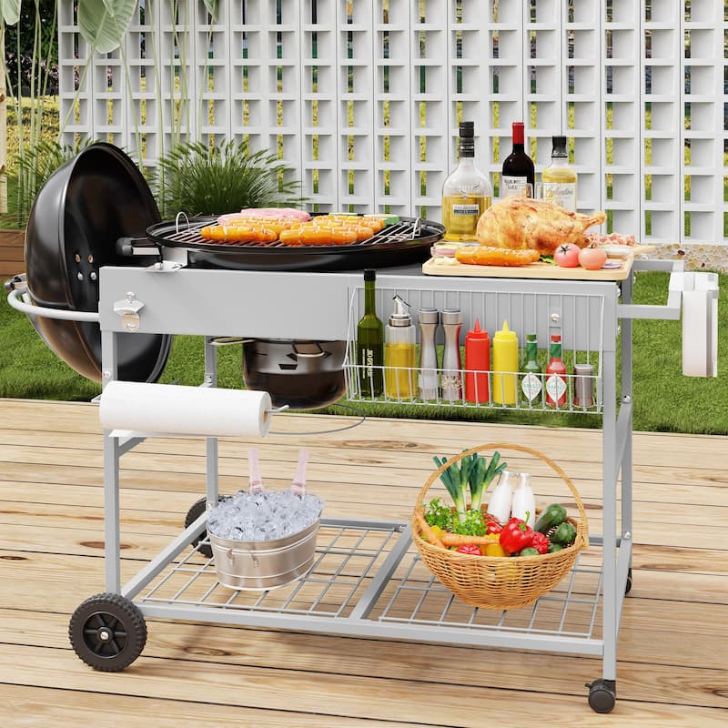 Outdoor Metal Bar Cart with Lid Holder & Storage, Rolling Grill Cart - N/A
