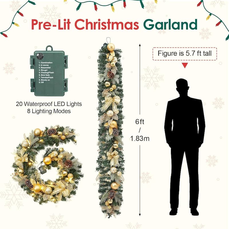 Pre-Lit 6Ft Christmas Garland with Warm White LEDs for Home Decor - N/A