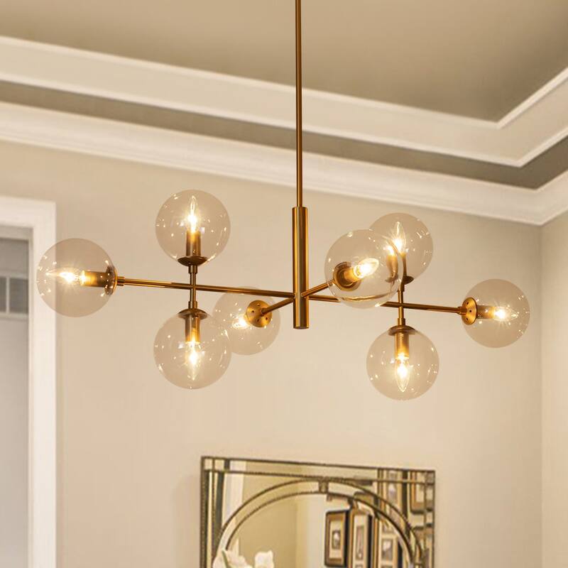 Mid-Century 8-Light Clear Glass Globe Sputnik Island Chandelier - Brass