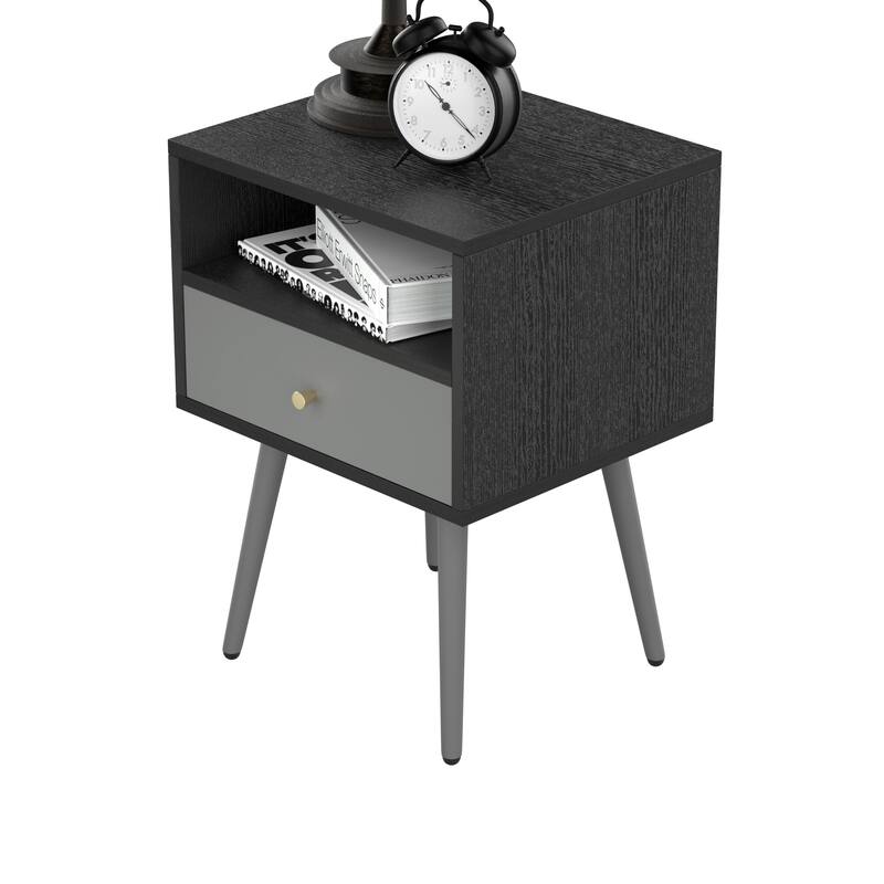 Dark Grey Wood and Metal Nightstand with 1 Drawer Save space Easy