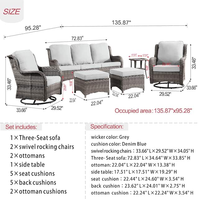 Ovios Patio Furniture Sets 6-piece Rattan Wicker Rocking Swivel Chair Sectional Sofa Set With Side Tables