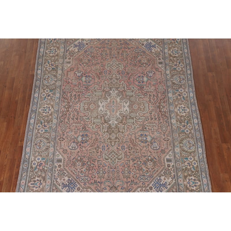 Pink Geometric Tabriz Persian Vintage Rug Hand-Knotted Wool Carpet - 6'5" x 9'9"
