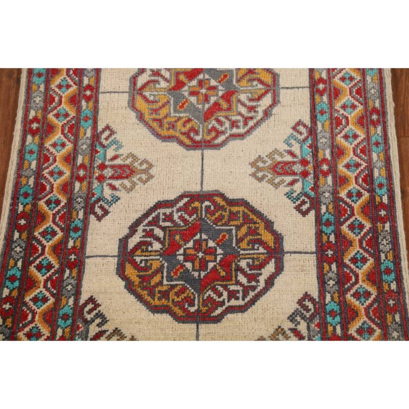 Geometric Kazak Foyer Rug Handmade Beige Traditional Wool Carpet - 2'0" x 3'0"