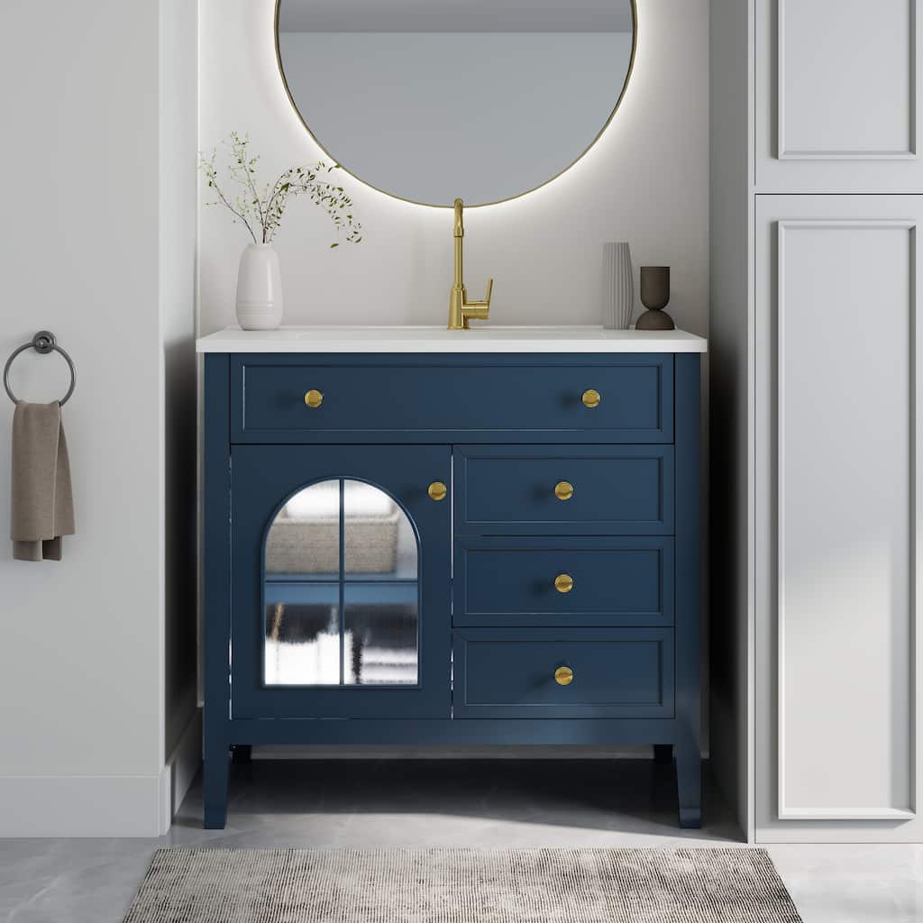 36" Transitional Bathroom Vanity with Plug-in Motion-Sensor LED Light, Ceramic Sink and Arched Begonia Glass Door