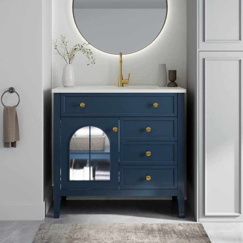 Freestanding 36" Bathroom Vanity Sink Cabinet with Motion-sensor Light Strip, Patterned Glass & Drawers