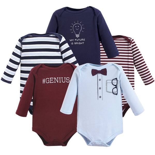 slide 1 of 1, Little Treasure Baby Boy Cotton Long-Sleeve Bodysuits 5pk, Genius 0-3 Months - Genius
