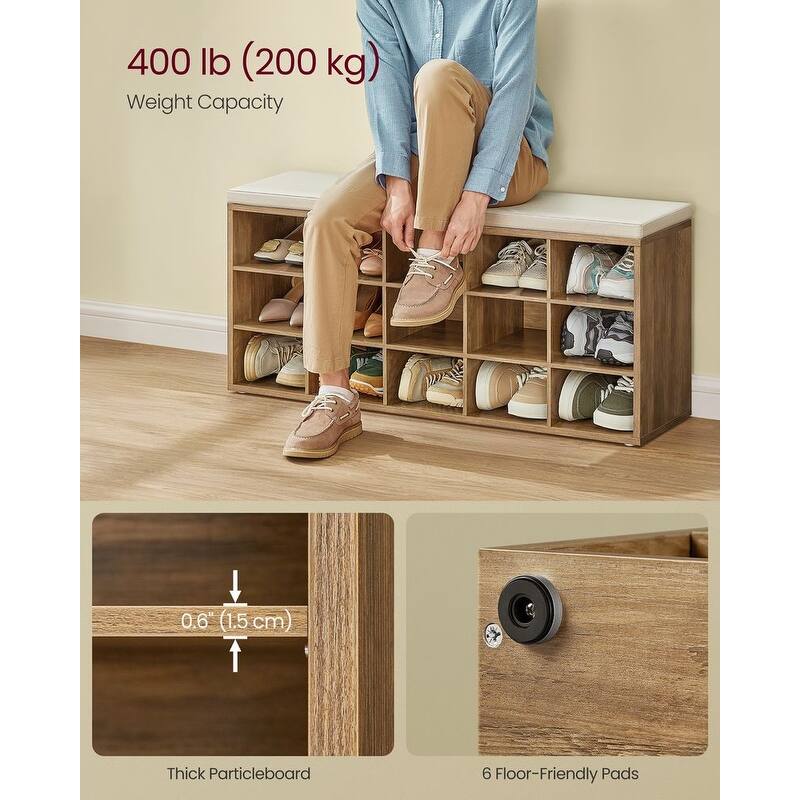 15-Cube Shoe Storage Bench with Cushion Seat and Adjustable Shelves Perfect for Entryway or Living Room