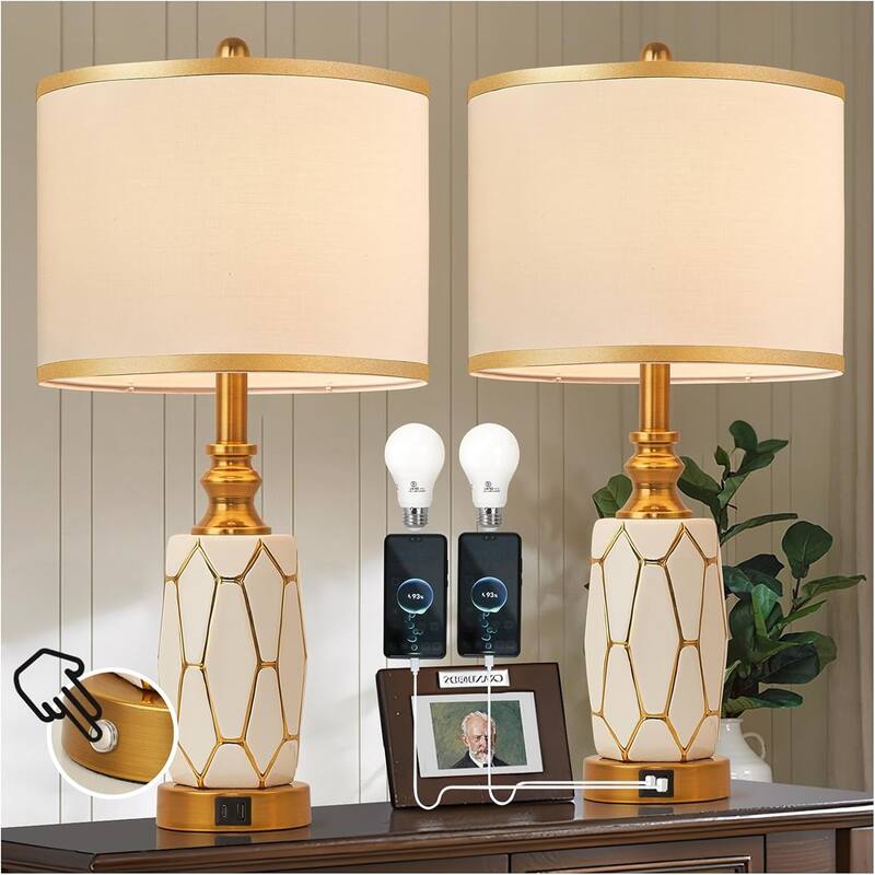 Modern Ceramic Table Lamp with USB Port, Fabric Drum Shade - white and gold