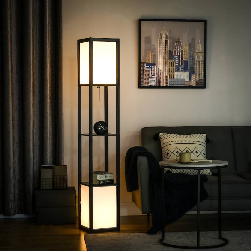 HOMCOM Floor Lamp with Shelves, Dual Light, Modern Tall Standing Lamps, with Fabric Lampshade (Bulb not Included) - Black