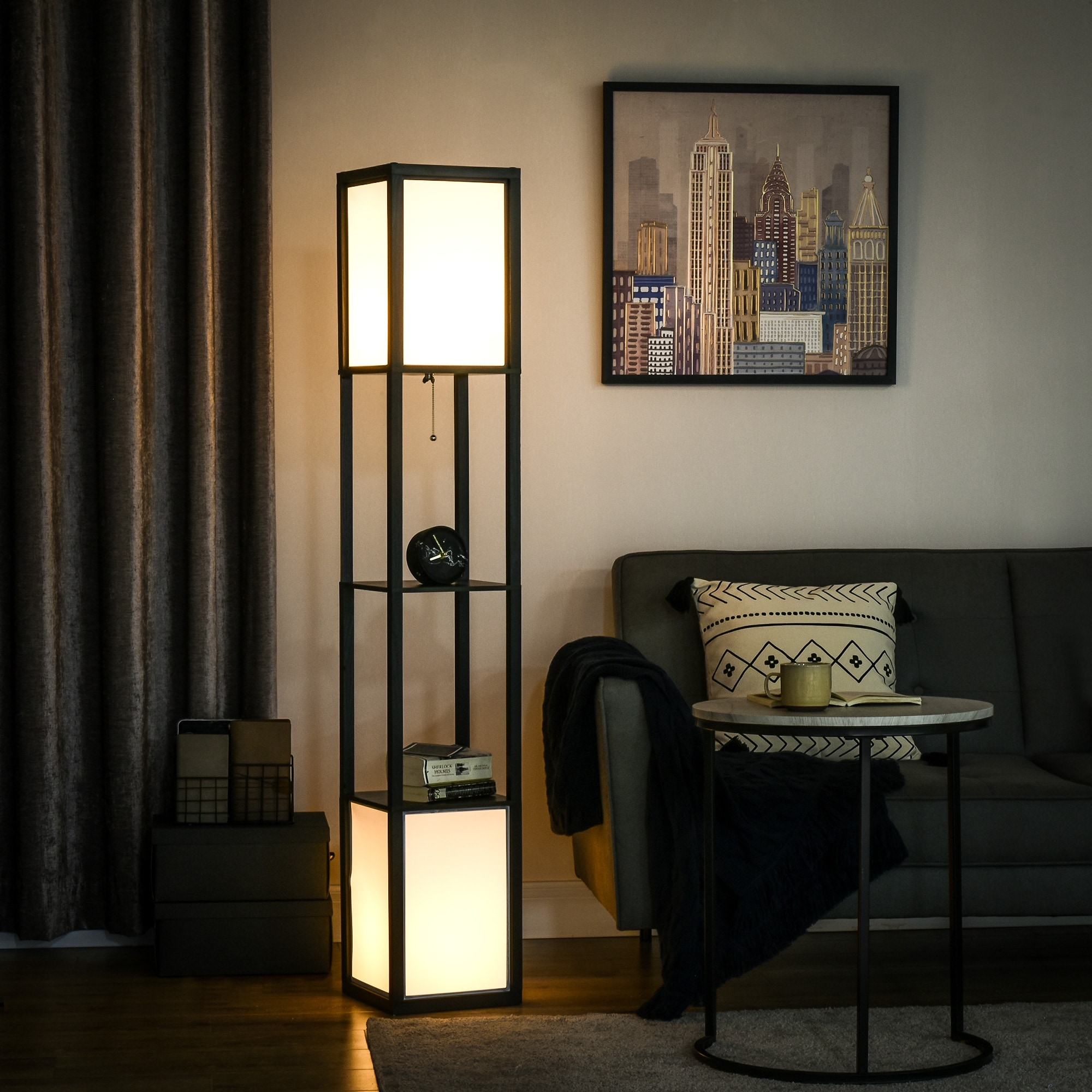 Modern Floor Lamp with Shelves Dual Ambient Lighting Tall Standing Lamp Bulb not Included Black