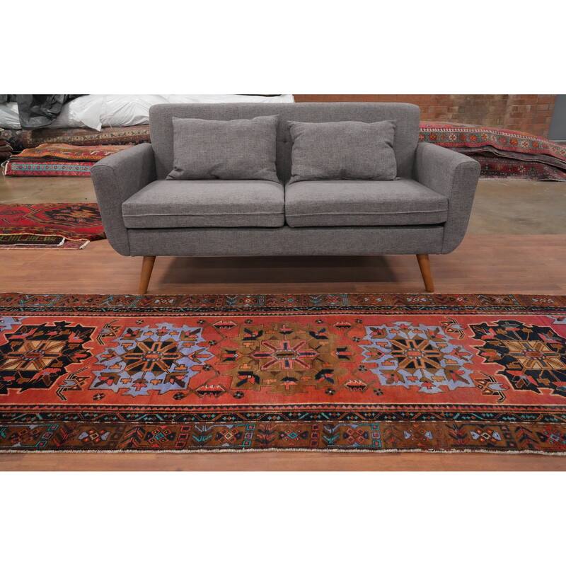 Hand Knotted Oriental 100% Wool Carpet Traditional Geometric Oranges & Rust Heriz Runner Rug - 9' 11'' X 3' 5''