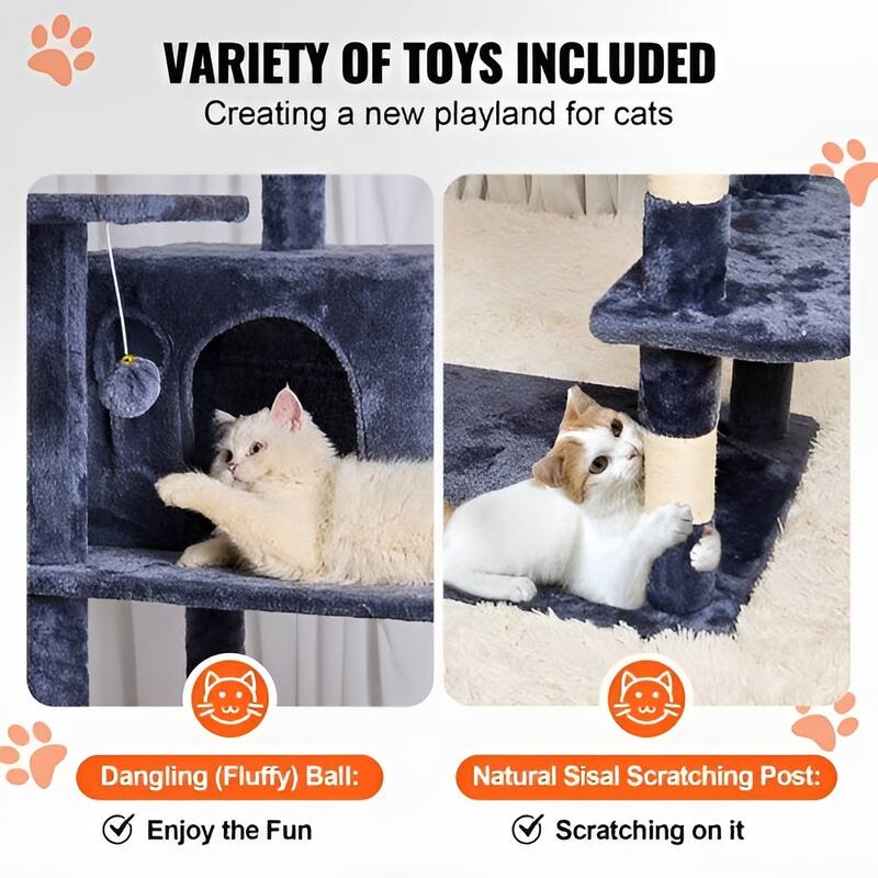 Dark Grey Plush 8-Layer Cat Tree with Condos, Hammock & Toys