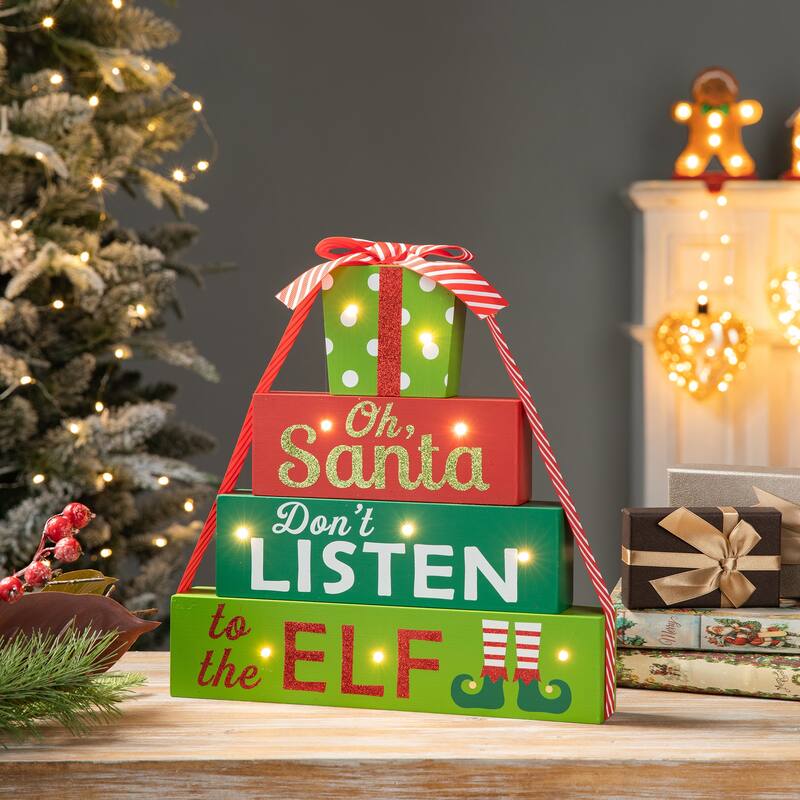 Glitzhome Christmas Table Decor Wooden Signs with Sayings Oh Santa Don’t Listen to the Elf