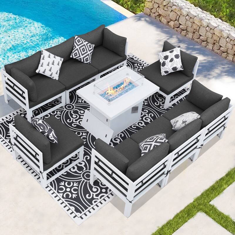 FINCATI 9-piece Extra-large Luxury Aluminum Patio Furniture Set with Deep Seating and Convertible 43'' Fire Pit Table