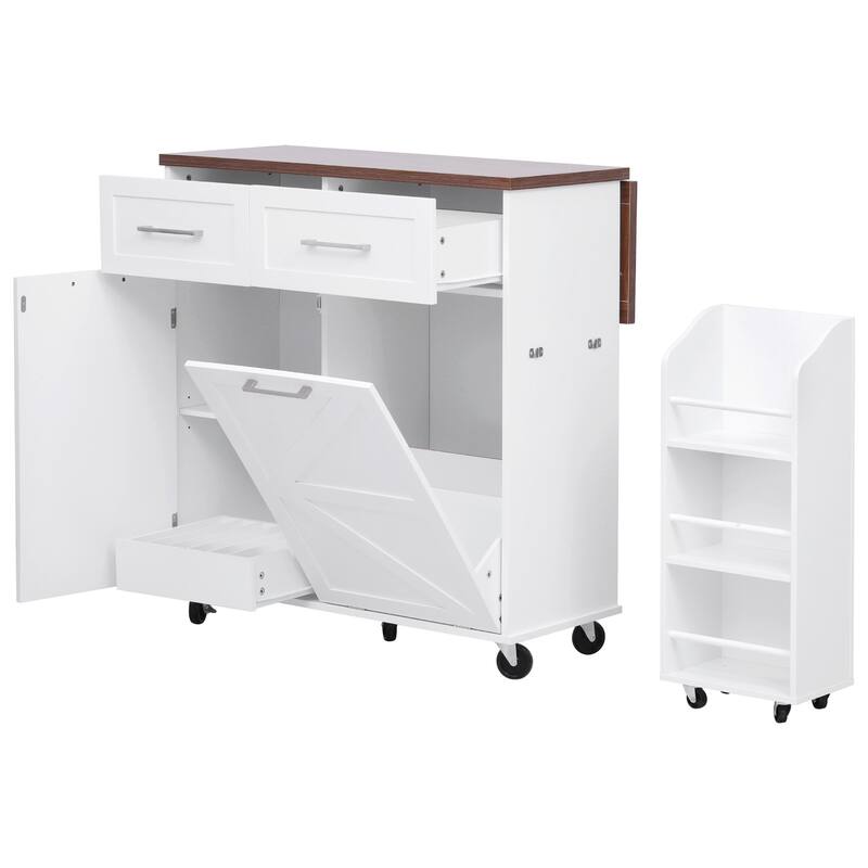 Farmhouse Rolling Kitchen Island Storage Cart on Wheels with Drop Leaf, Removable Side Spice Rack, 2 Drawers, Towel Rack