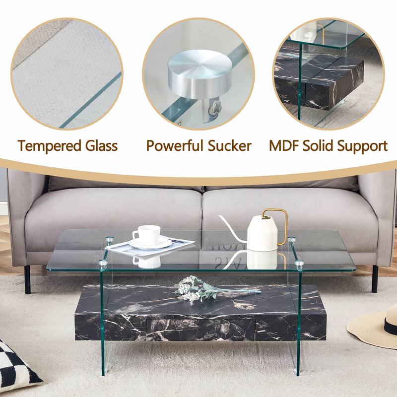 43.3 Inch Double Layer Coffee Table Storage Side Table with Open Storage Shelves, Drawers Glass Center Table End Table