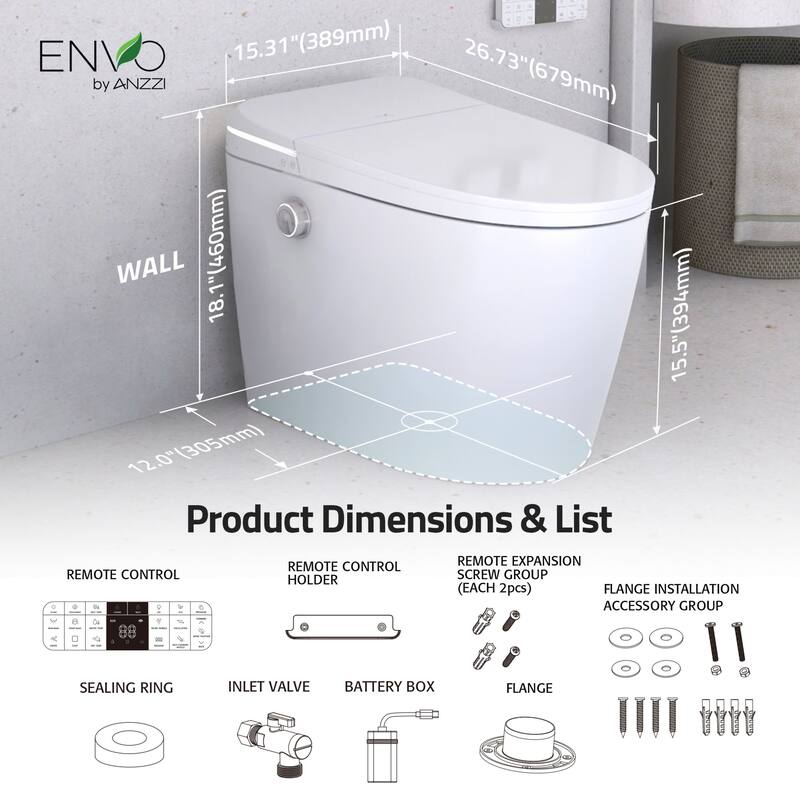 ENVO Dia Series 1.28 GPF 1-piece Auto Open Smart Bidet Toilet in White with Dual Flush, Heated Seat, and Foot Sensor