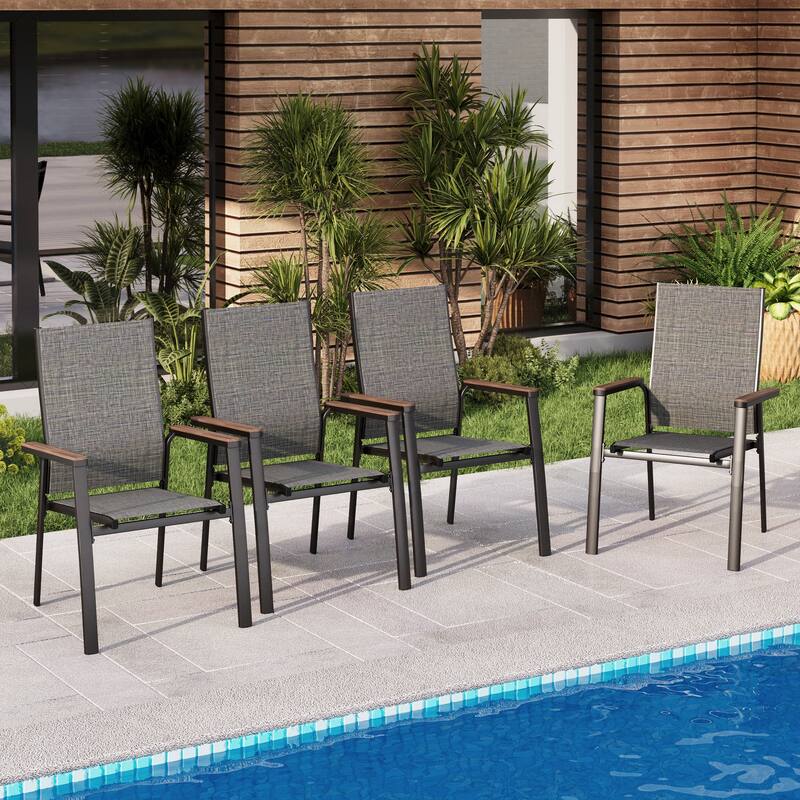 MAISON ARTS 4 Pieces Aluminium Stackable Patio Dining Chairs with Wooden Armest - Grey