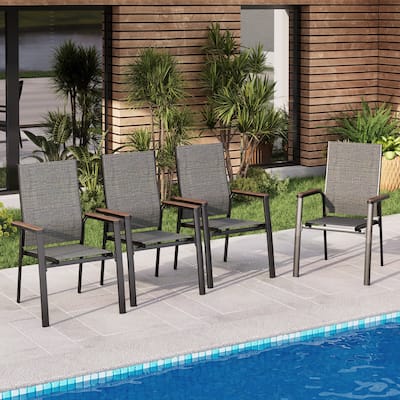 MAISON ARTS 4 Pieces Aluminium Stackable Patio Dining Chairs with Wooden Armest