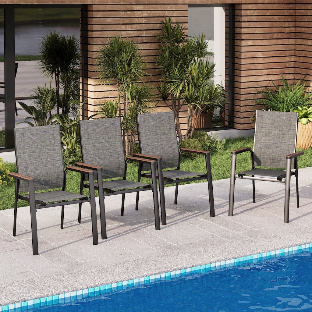 MAISON ARTS 4 Pieces Aluminium Stackable Patio Dining Chairs with Wooden Armest